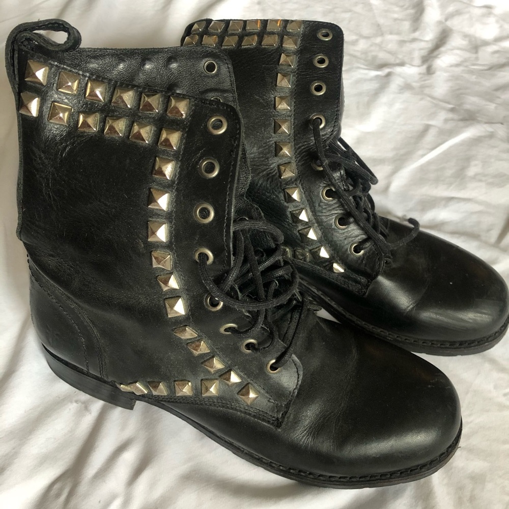 Frye leather studded lace up boots